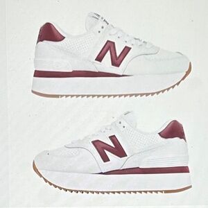 NWOT Women's New Balance 574 Plus White and Burgundy Sneakers, Size 6.5
